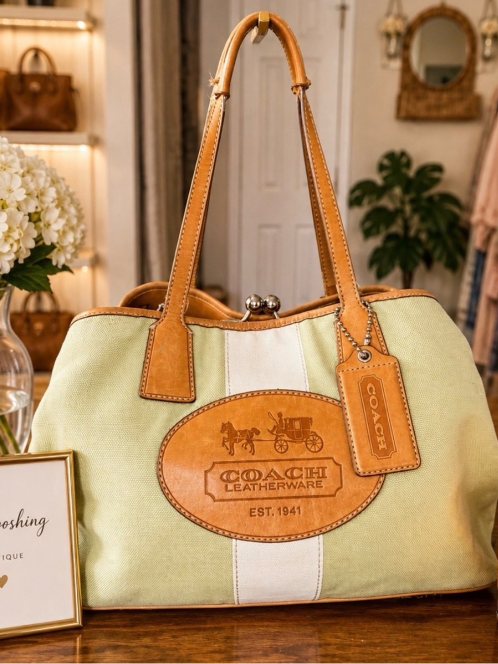 Coach Canvas Tote in Light Green and Tan Leather Trim